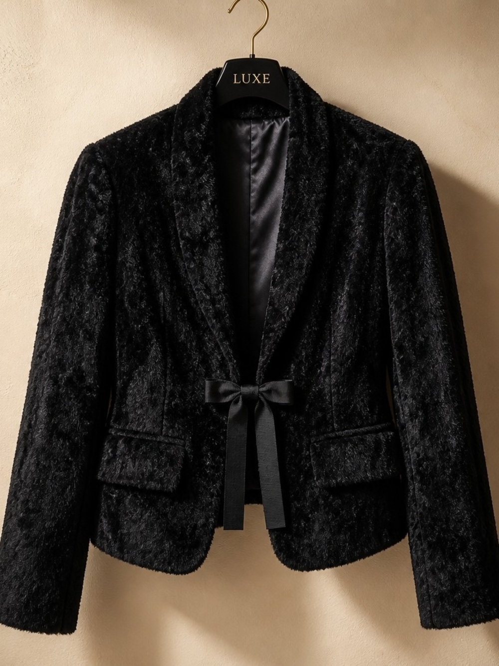 H&M Black Faux-Fur Shawl Collar Jacket with Bow Tie